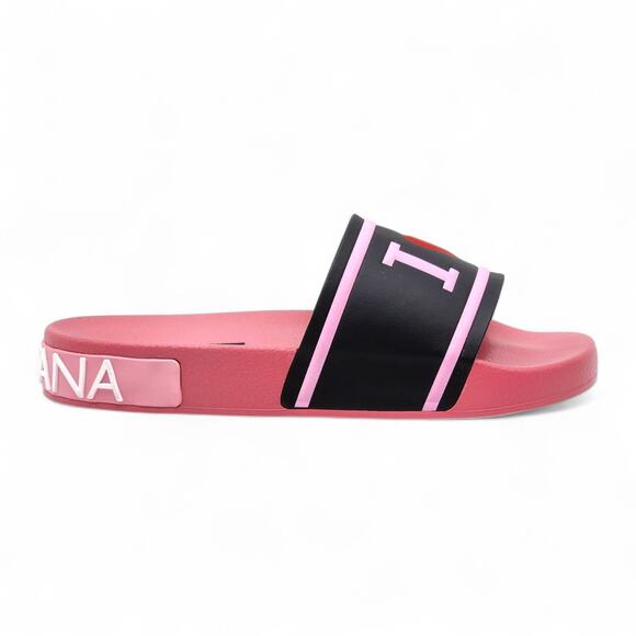 Dolce & Gabbana Logo Heart Rubber Pool Slides Pink Black EU 37 US 7 - NWB $320 - Picture 1 of 8